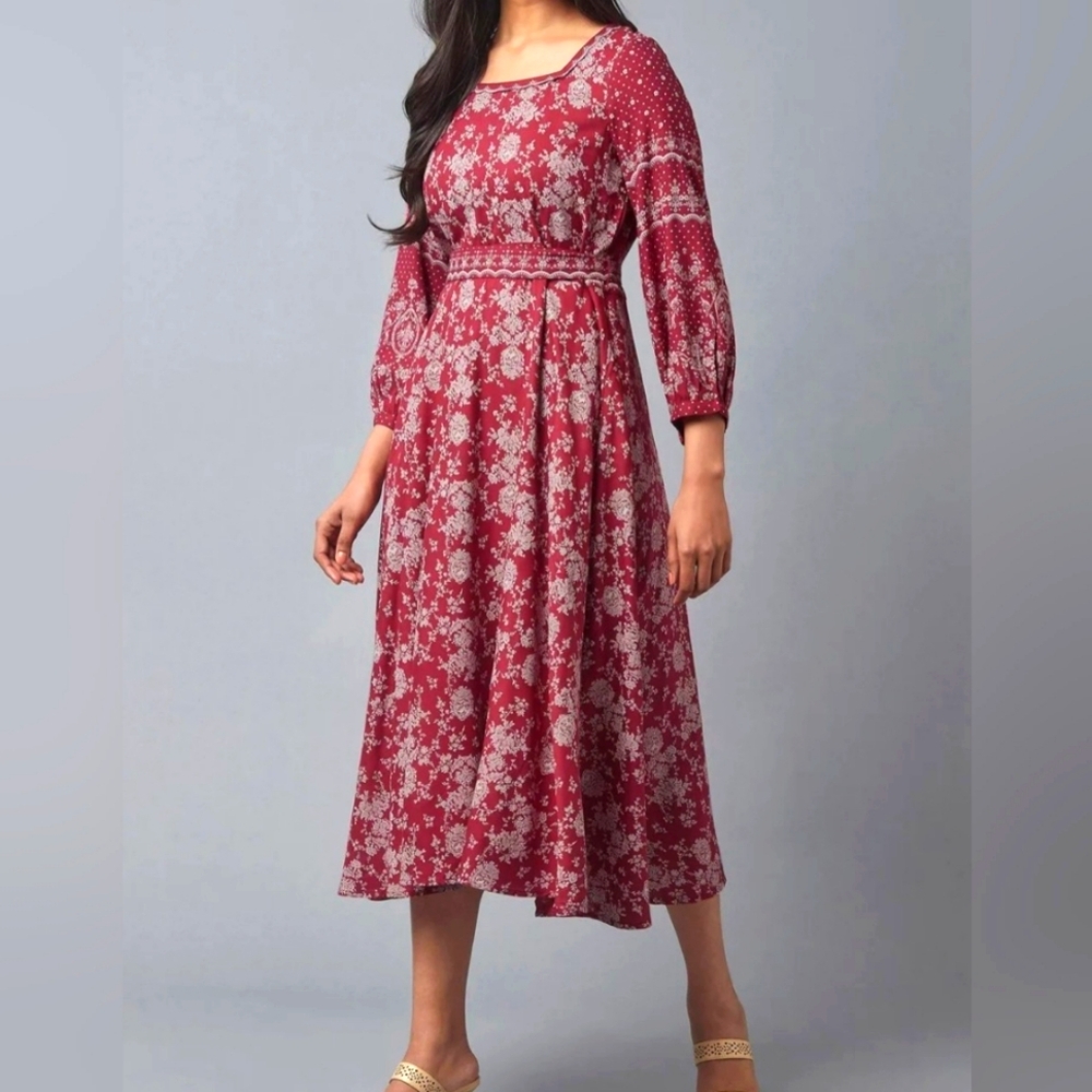 W for Woman Deep Red Printed Flared Dress